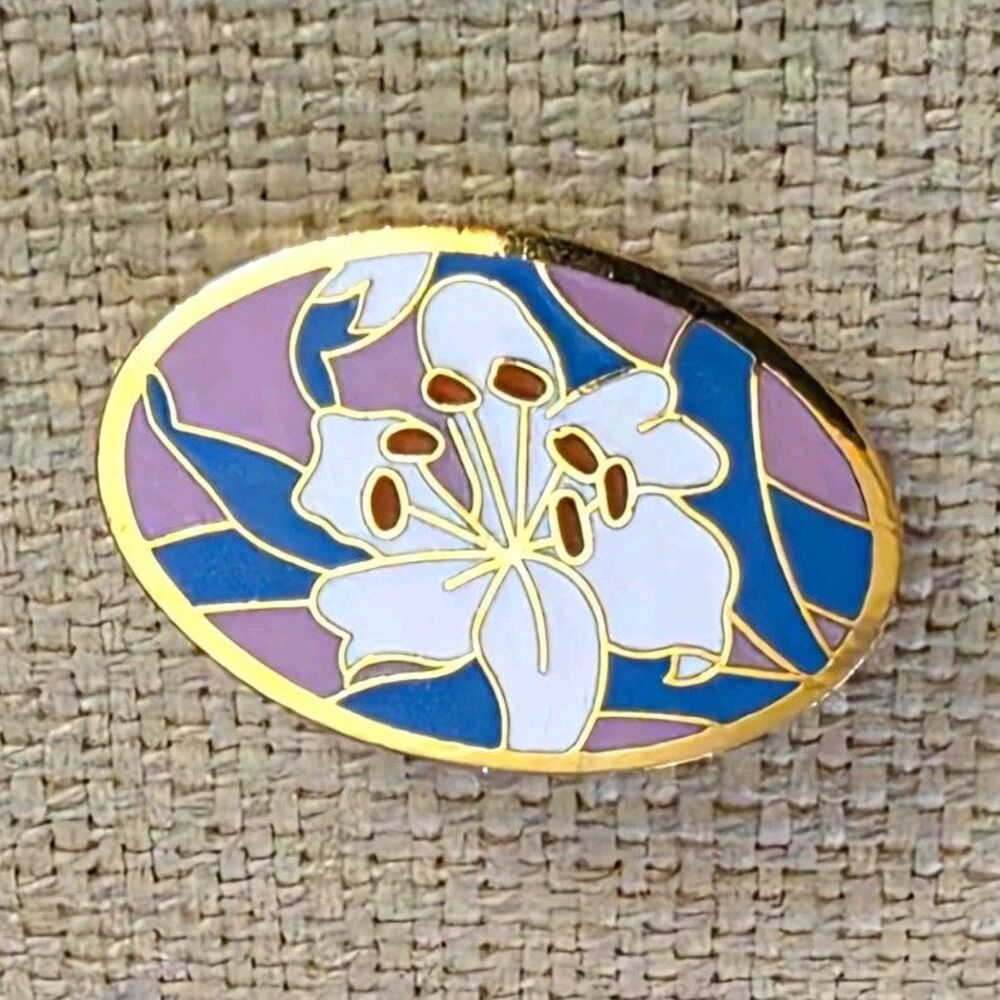 A.C.C. Enamel Flower Oval Pinback Brooch Gold Tone Marked Taiwan 1.25"